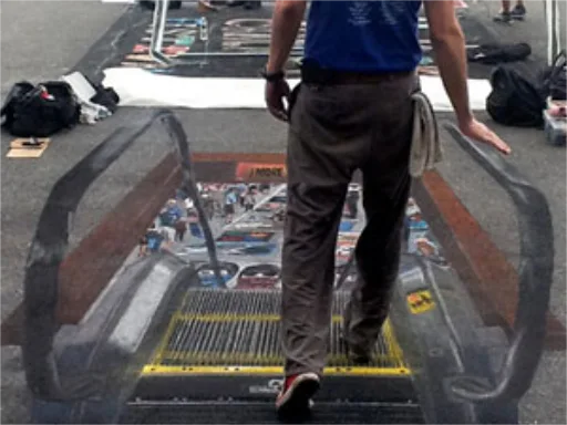 Posing with the escalator to lower level of the festival 3D chalk art