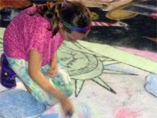 Posing with giant interactive coloring book 3D chalk art