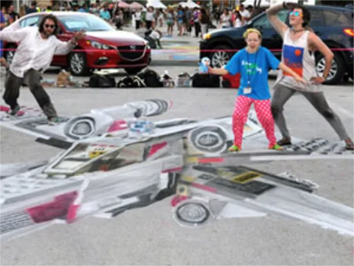 Posing with Lego Star Wars X-Wing Fighter 3D chalk art