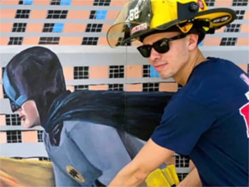 Batman & Robin 3D chalk art mural with fireman posing