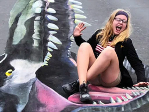 Posing with Tyrannosaurus Rex 3D chalk art