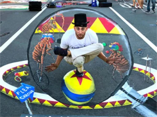 Posing with Flea circus 3D chalk art
