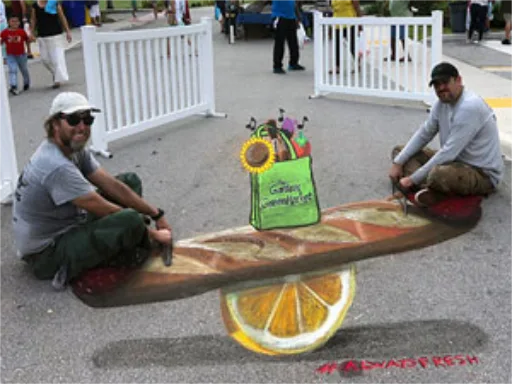 Bread and fruit teeter totter 3D chalk art