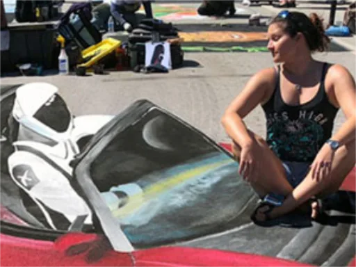 Tesla Starman 3D chalk art posing on hood
