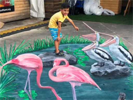 Child posing on Everglades pond with pelicans and flamingos 3D chalk art
