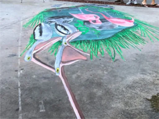 Everglades pond with pelicans and flamingos 3D chalk art skew
