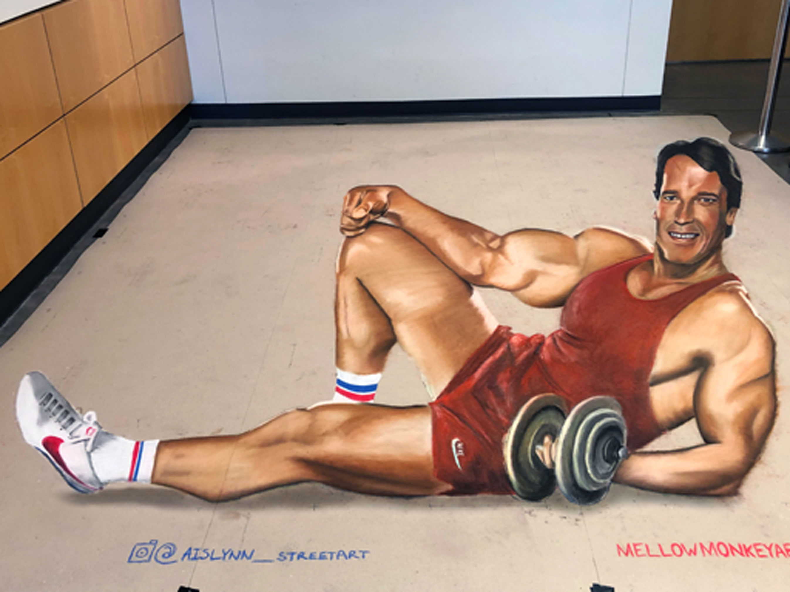 Arnold Schwarzenegger 3D pavement art