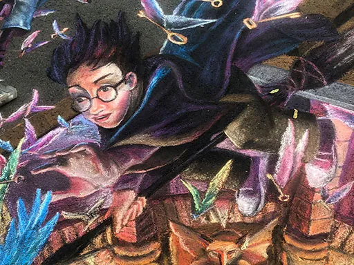 Working on Harry Potter and the Philosopher's Stone book illustration pavement 3D chalk art