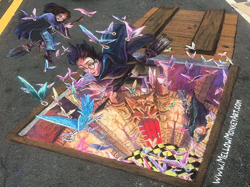 Harry Potter and the Philosopher's Stone book illustration pavement 3D chalk art