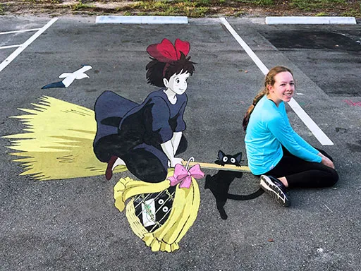 Posing with Kiki's Delivery Service 3D chalk art pavement art