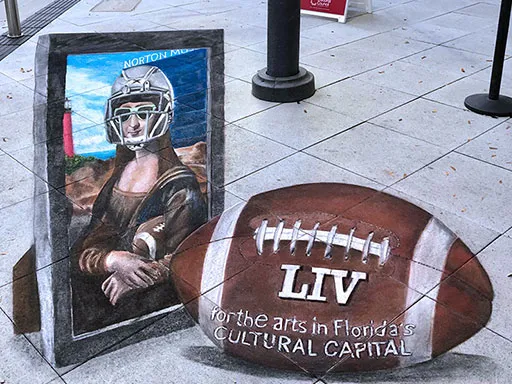 3D chalk art Mona Lisa in a football helmet chalk art