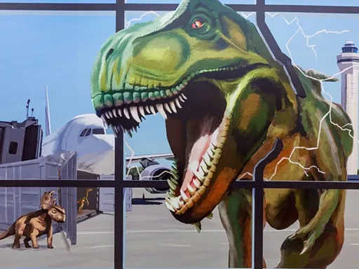 Zoo Miami airport 3D chalk art wall mural with dinosaurs
