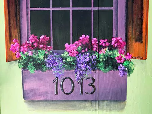 Detail of Faux window with flower box 3D chalk art wall mural