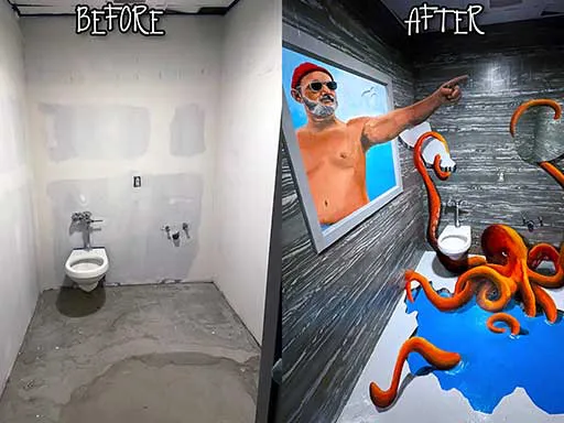 Before and after of Bill Murray Steve Zissou with octopus 3D chalk art wall mural