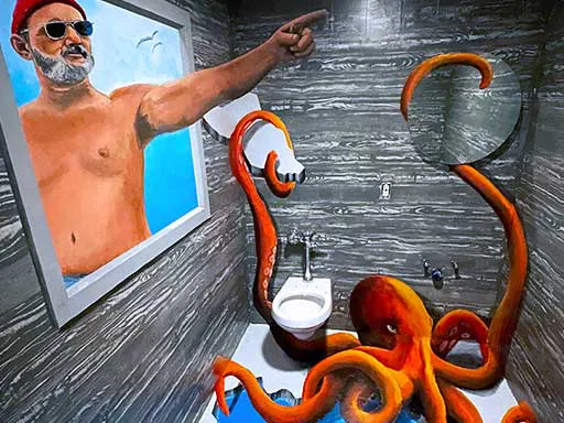 Bill Murray Steve Zissou with octopus wall and 3D chalk art floor mural
