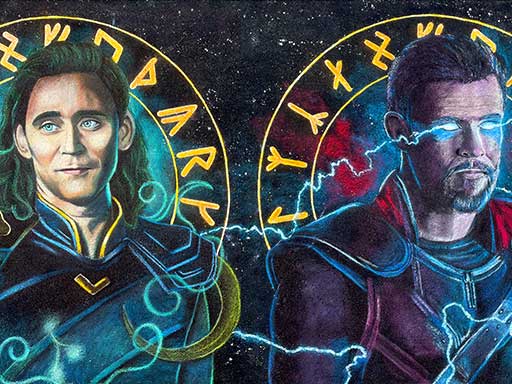 Chalk art of Marvel comics Thor and Loki