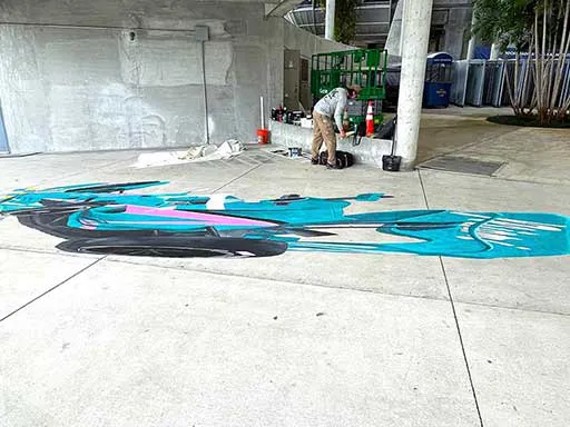 Skew angle of 3D chalk art F1 Miami Grand Prix Car painted on canvas