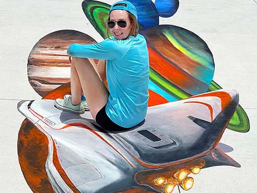 3D chalk art Spaceship flying through Milky Way Planets for Kennedy Space Center Visitor Complex Gateway The Deep Space Launch Complex grand opening