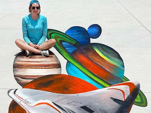 3D chalk art Spaceship flying through Milky Way Planets for Kennedy Space Center Visitor Complex Gateway The Deep Space Launch Complex grand opening