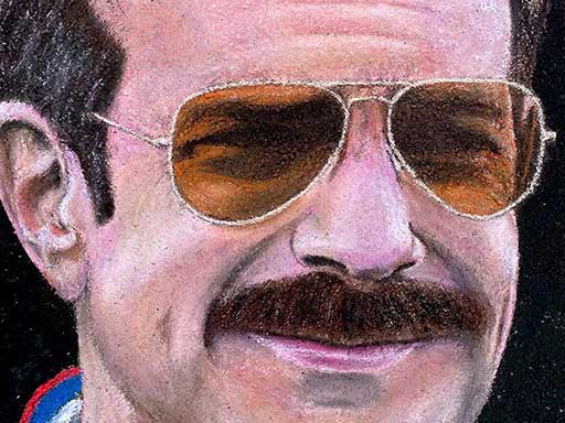 Detail of chalk portrait of Ted Lasso