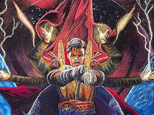 Chalk art of Marvel Comics Doctor Strange and Wanda the Scarlet Witch. Multiverse of Madness