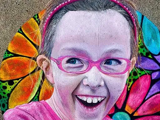 Chalk art of girl with a lorikeet bird on her head