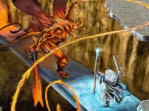 3D chalk art of Gandalf facing the Balrog on the Bridge of Khazad Dum, from Lord of the Rings, The Fellowship of the Ring