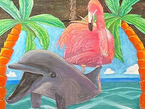3D chalk image of palm trees dolphin and flamingo