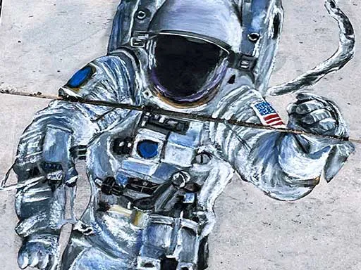 3D chalk art of floating astronaut