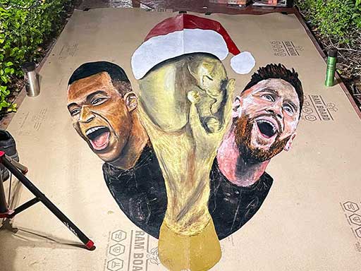 3D chalk image of 2022 World Cup Final - Leo Messi and Kylian Mbappe - in progress