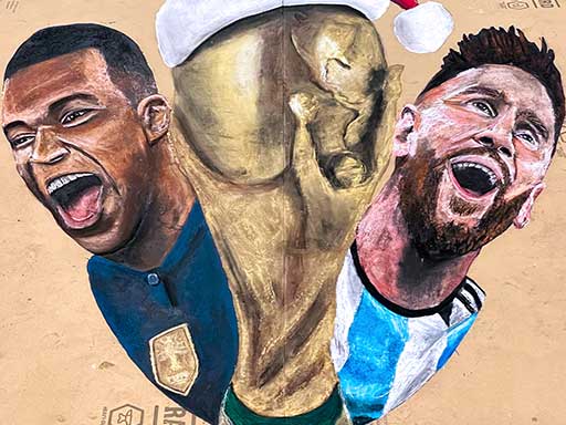 3D chalk image of 2022 World Cup Final - Leo Messi and Kylian Mbappe