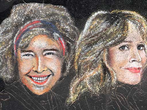 Chalk art of Lily Tomlin, Jane Fonda, Rita Moreno, and Sally Field, from 80 for Brady movie