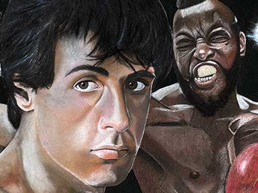 Chalk image of Sylvester Stallone as Rocky Balboa with Apollo Creed, Clubber Lang, and Ivan Drago.