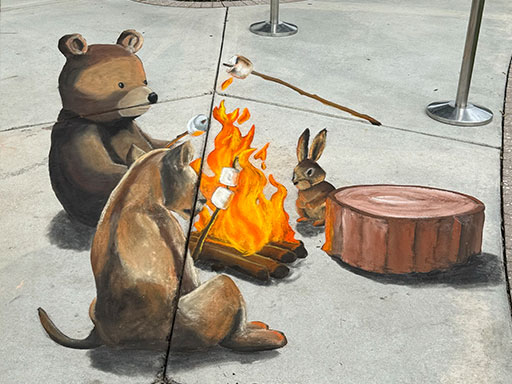 3D chalk art of forest animals toasting marshmallows around a fire.