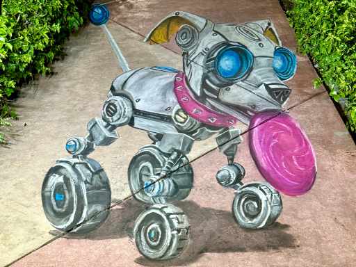 3D chalk art of a robot dog with a frisbee.