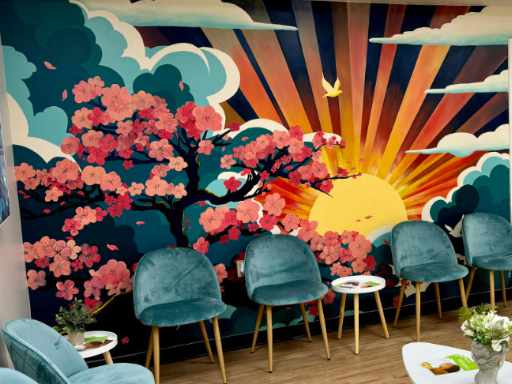 Wall mural featuring cherry blossom tree on a sunrise background.