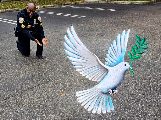 3D chalk art of dove carrying an olive branch.