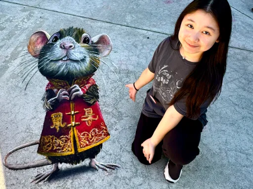 3D chalk art of a rat in traditional Chinese clothes.