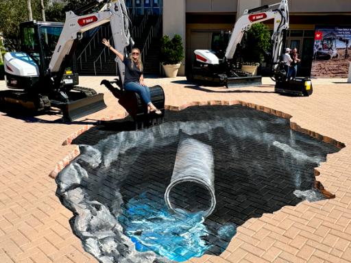 3D chalk art a hole in the ground with a broken water main next to a Bobcat excavator.