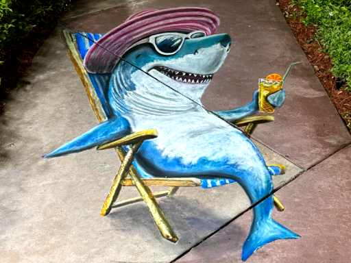 3D chalk art of a shark sipping tea in a beach chair.
