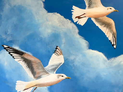 Wall mural of a Florida beach scene with people on the beach and a 3D bird.