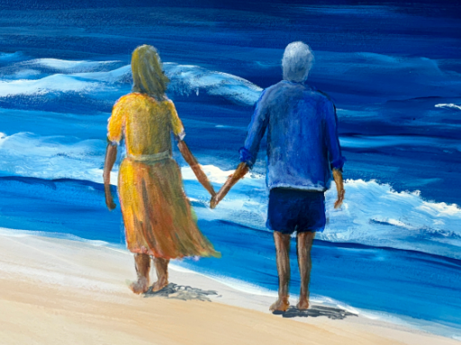 Wall mural of a Florida beach scene with people on the beach and a 3D bird.