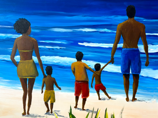 Wall mural of a Florida beach scene with people on the beach and a 3D bird.