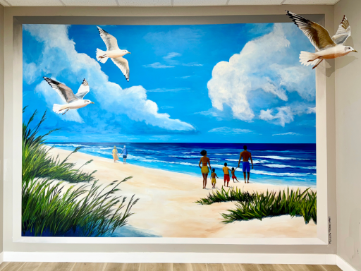 Wall mural of a Florida beach scene with people on the beach and a 3D bird.