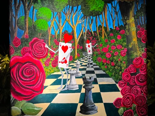 Wall mural based upon Alice and Wonderland painting the roses red.