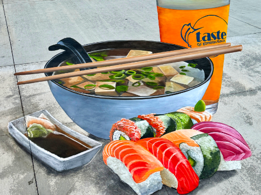 3D chalk and painted art of sushi and miso soup with a beer.
