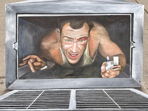 3D painted art of Bruce Willis in HVAC vent from Die Hard movie.