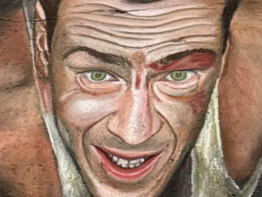 Detail of 3D painted art of Bruce Willis in HVAC vent from Die Hard movie.