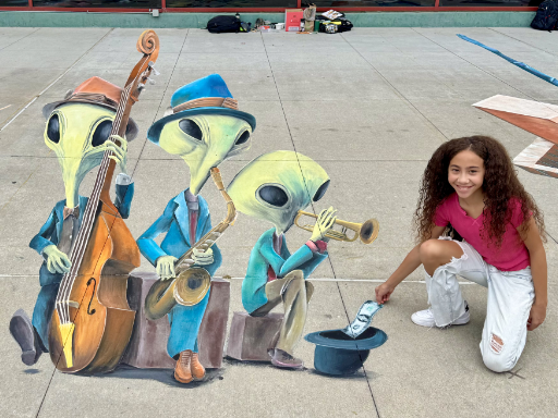 Posing with 3D painted art of alien musicians playing jazz music.