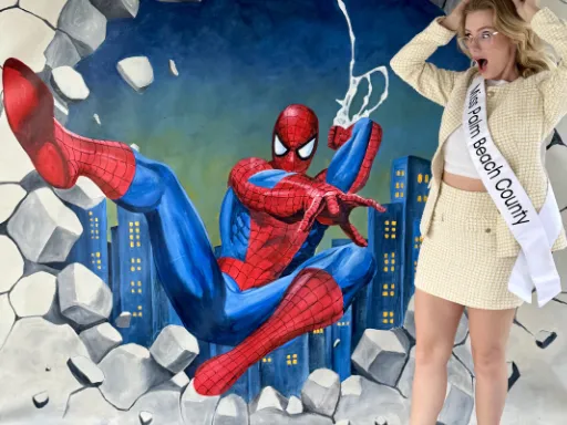 Posing with superhero-style 3D wall art showing a character breaking through a wall.